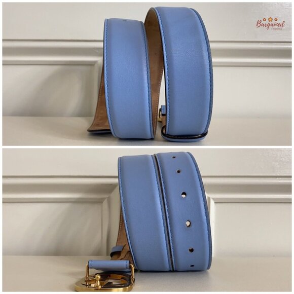 Authentic Gucci Blue Calfskin Leather Gold Interlocking G Buckle Belt 85/34 - Picture 8 of 13